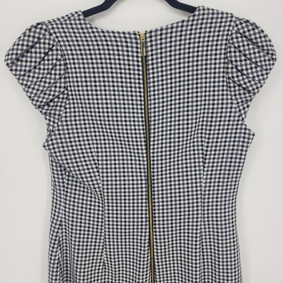 Calvin Klein Gingham Plaid Sheath Dress 8 Cap Sleeves V Neck Black Blue - Picture 7 of 10